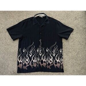 Vintage Y2K Breakdown Men's Black Button Down Grey Flame Shirt Size XL